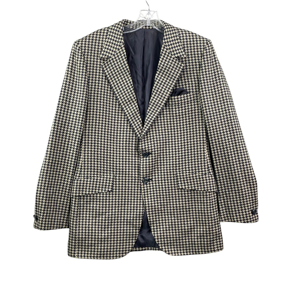 Louis Roth Blazer Men 40 Houndstooth Tan Navy Vintage Tailored Sport Coat Jacket